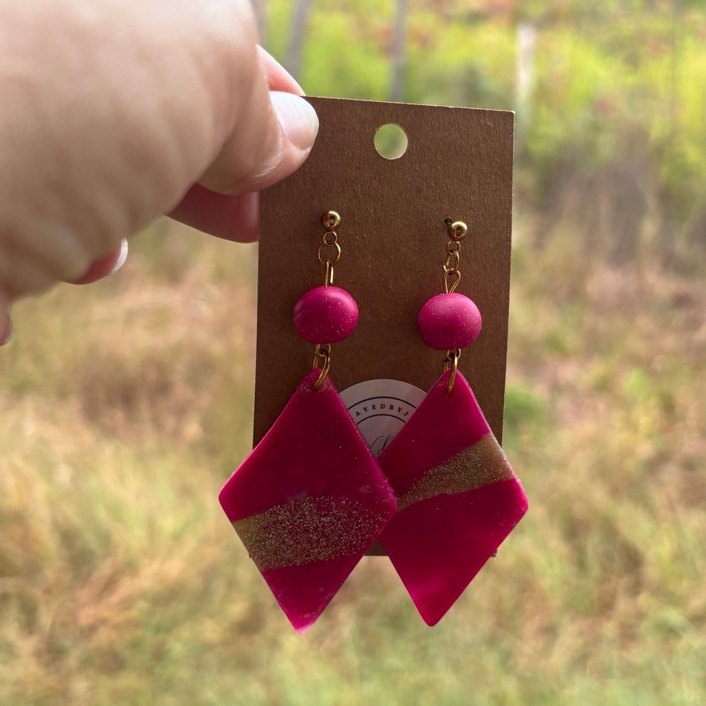 Handmade Polymer Clay Earrings Pink Gold Geometric Dangle‎ Statement Jewelry